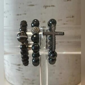 Stylish Black Beaded Bracelet Set with Cross